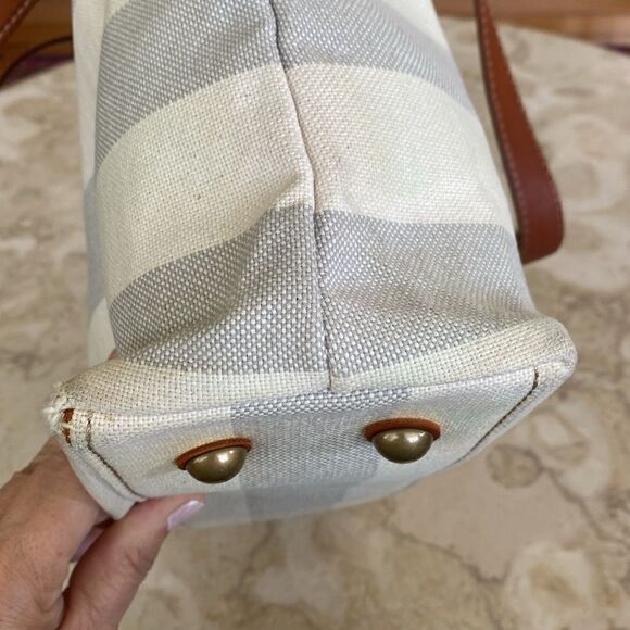 Fossil Austin Cream Blue Stripe Coated Canvas Leather Nautical Tote Shoulder Bag - Picture 10 of 15